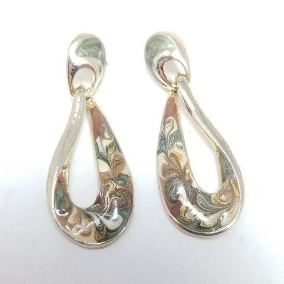 Vintage Funky Door Knocker Style Dangle Post Earrings, Gold Tone Enamel Estate - Picture 6 of 6